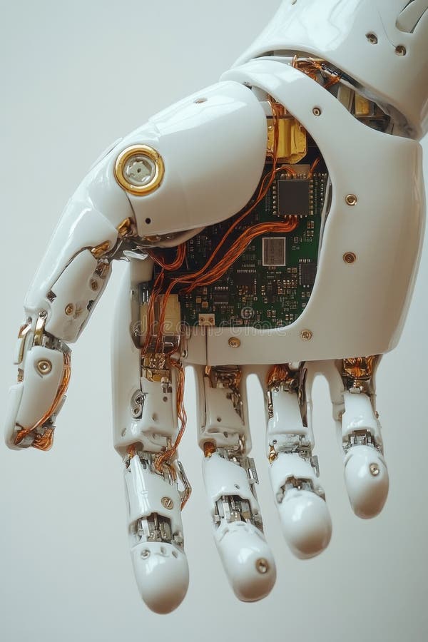 Roboterhand mit einer robotischen Hand, die mit einer CPU- und ai-Technologie ausgestattet ist, die fortschrittliche Robotik und I vektor abbildung