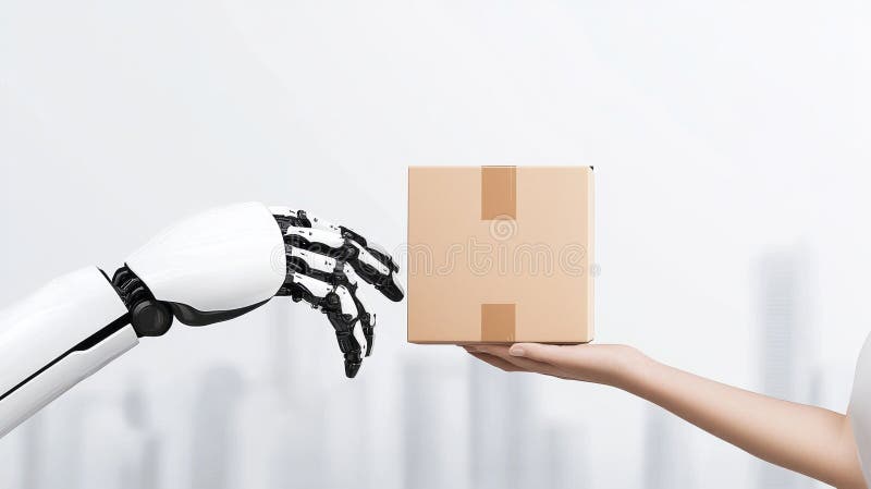 Roboterhandausgabe von Kartons an die menschliche Hand : künstliche Logistik lizenzfreie stockfotos