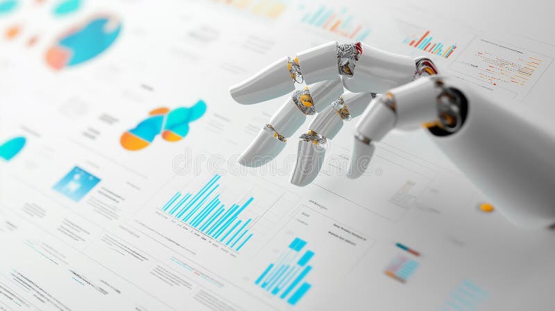 Roboterhandinteraktion mit digitalen Datenscharts symbolisiert die Integration von ai in Business Analytics vektor abbildung
