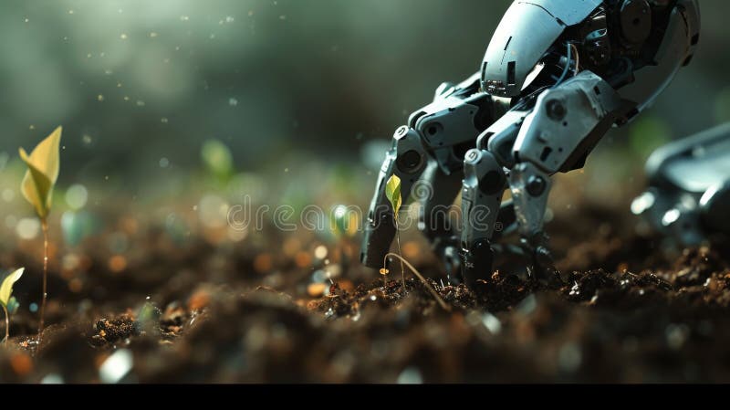 Roboterhandpflanzung von Saatgut im Boden mit Präzision stockbild
