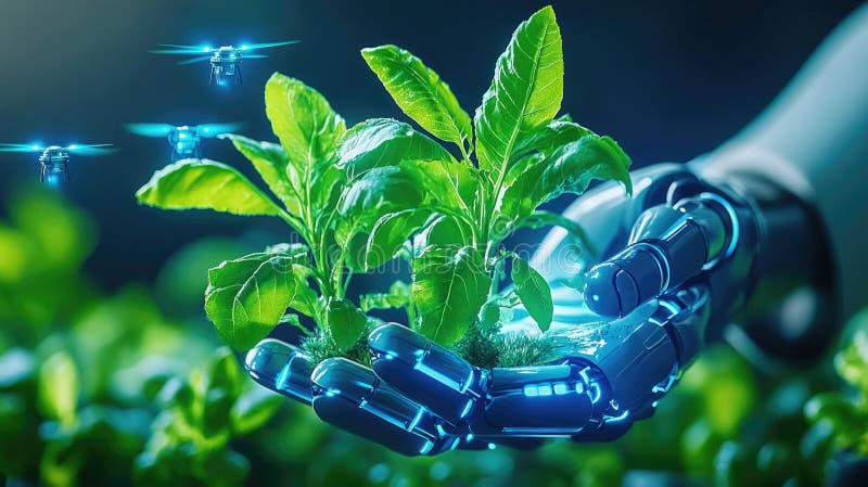 Roboterhandpflege grüner Pflanzen mit Mini-Drohnen im futuristischen Gartenkonzept lizenzfreie stockbilder