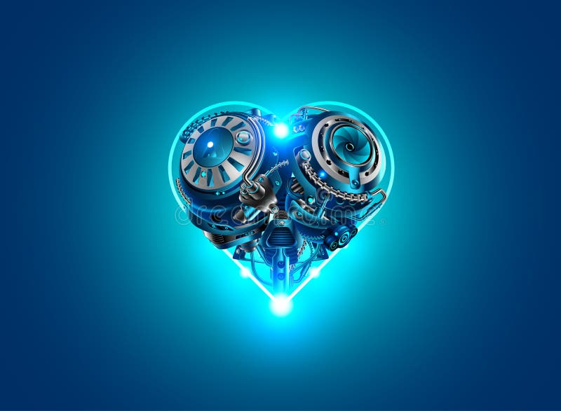 Roboterherz-Metallmechanismus in Form von Herzen auf einem blauen Hintergrund. Valentinstagkarte. Form des AdR des Roboters oder d lizenzfreie abbildung