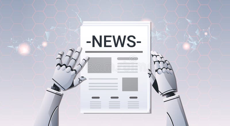 Robot hands holding newspaper humanoid reading daily news top angle view artificial intelligence digital futuristic technology concept horizontal vector illustration. Robot hands holding newspaper humanoid reading daily news top angle view artificial intelligence digital futuristic technology concept horizontal vector illustration
