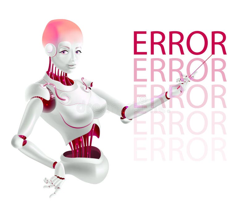 Robot lecturer or cyborg teacher indicates an error. Humanoid female Android with artificial intelligence holding pointer in hand. Vector illustration in realistic 3D style. Robot lecturer or cyborg teacher indicates an error. Humanoid female Android with artificial intelligence holding pointer in hand. Vector illustration in realistic 3D style