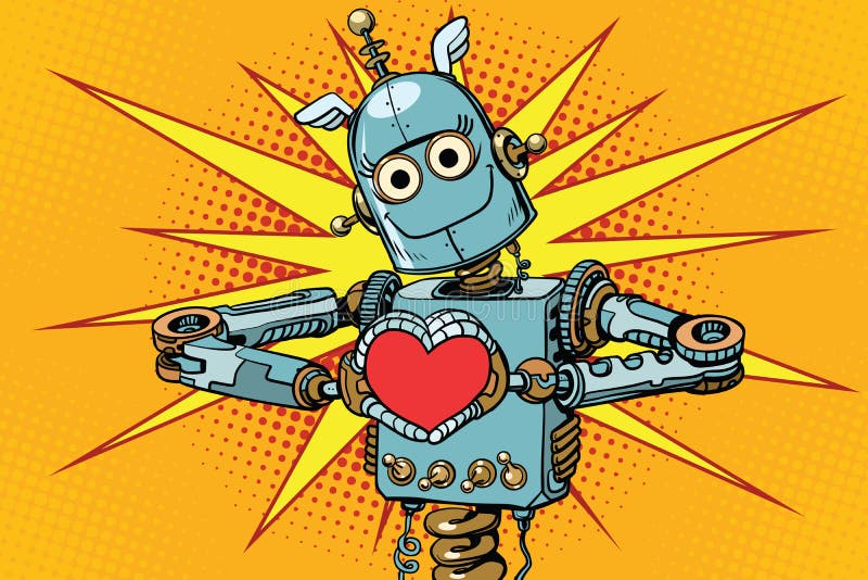 Roboterliebhaber mit einem roten Herzen, Symbol der Liebe vektor abbildung