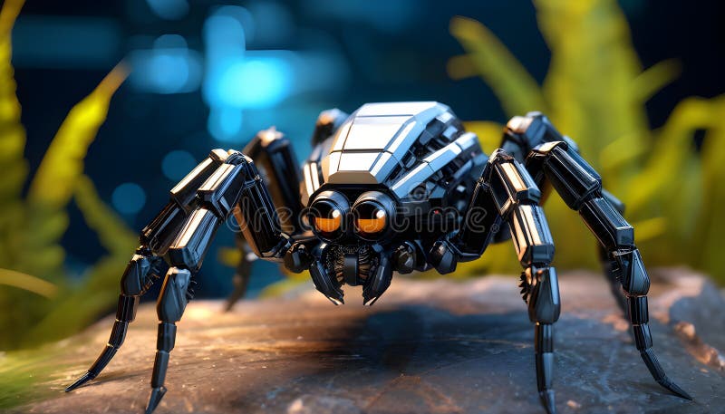 Roboterspinne mit eigenartigem Ausdruck, die einen futuristischen Garten erforscht stockbild