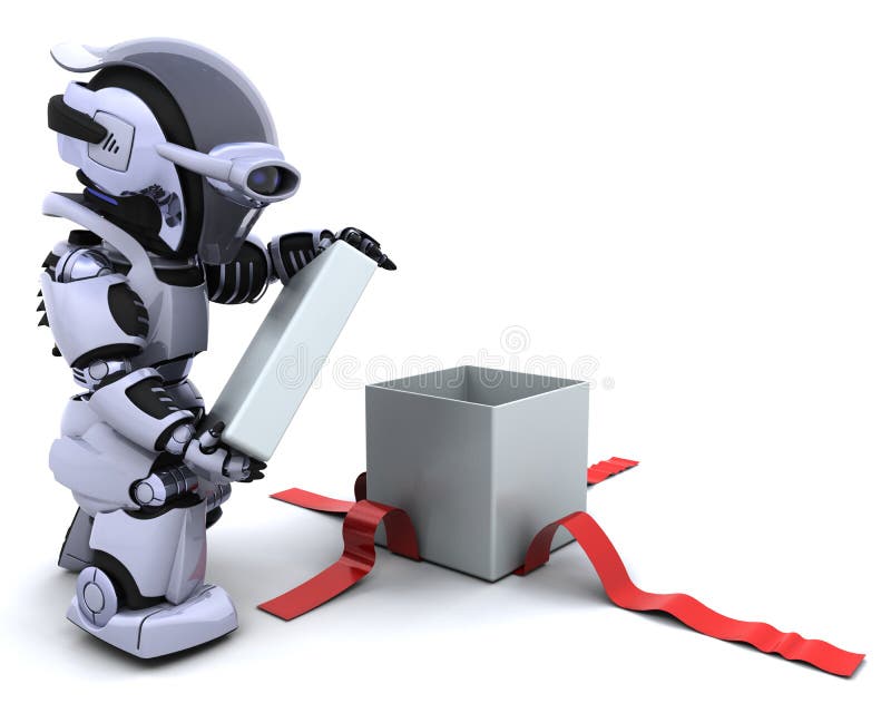 Roboteröffnungs-Geschenkkasten mit Bogen stock abbildung Roboteröffnungs-Geschenkkasten mit Bogen stock abbildung