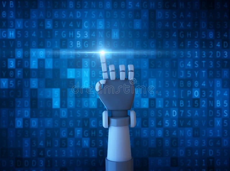 Robotfinger som pekar med ljus som isoleras på datordatakod vektor illustrationer Robotfinger som pekar med ljus som isoleras på datordatakod vektor illustrationer
