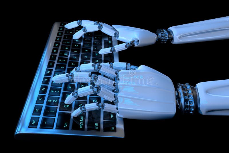 Robothanden die op het toetsenbord op donkere achtergrond typen Robotachtig wapen die cyborg computer met behulp van 3D geef real vector illustratie Robothanden die op het toetsenbord op donkere achtergrond typen Robotachtig wapen die cyborg computer met behulp van 3D geef real vector illustratie