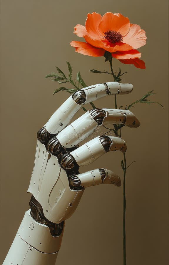 Robothandtag håller blomman försiktigt. arkivbild