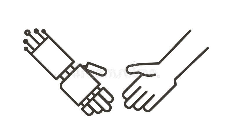 Human and robot hands together as one handshake. Vector icon vector illustration