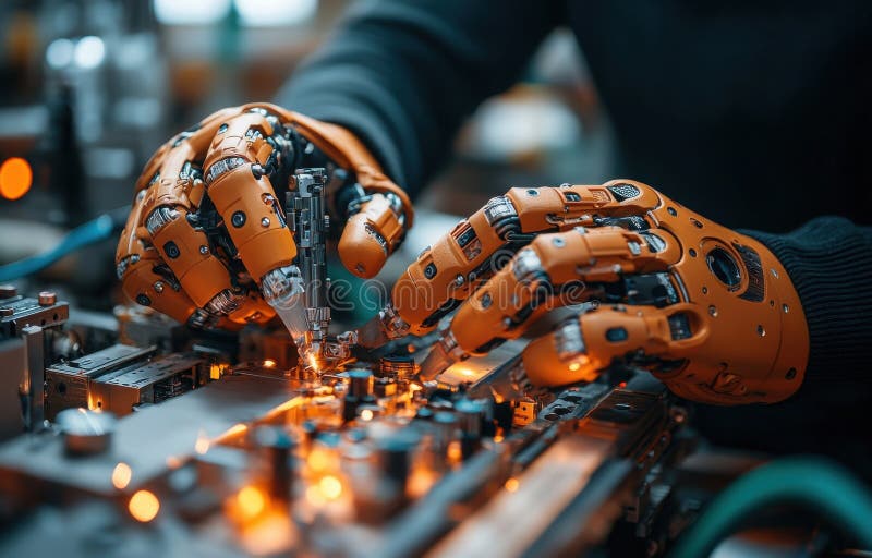 Robothänder som monterar invecklade maskiner i en modern fabrik royaltyfria bilder