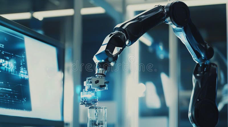 Robotic arm adjusts precision components in advanced factory automation system royalty free illustration