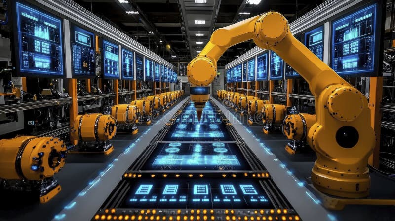 Robotic arm assembling circuit boards in factory setting stock illustration