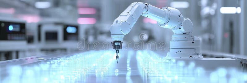 Robotic arm assembling on digital blue platform stock illustration