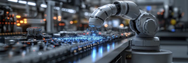 Robotic arm assembling an intricate circuit board vector illustration