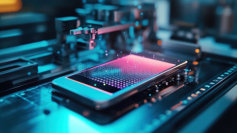Robotic arm assembling smartphone in innovative production line stock photography