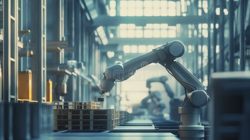 Robotic arm in automated assembly line facility stock illustration