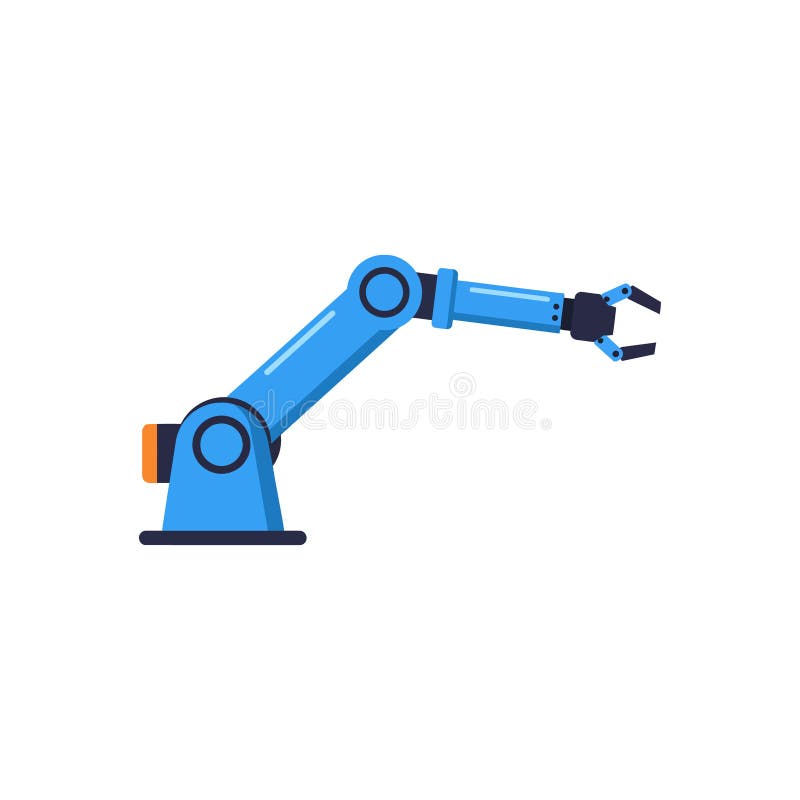 Robotic arm in blue color featuring articulated joints and a gripping claw in flat vector art royalty free illustration