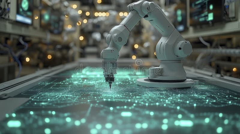 Robotic arm crafting intricate digital interface design vector illustration