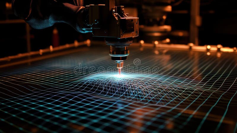 Robotic arm generating digital terrain with laser on grid surface. Futuristic robotic arm generating a digital terrain using laser technology projected onto a grid surface, showcasing advanced concepts in manufacturing, automation, and data visualization AI generated