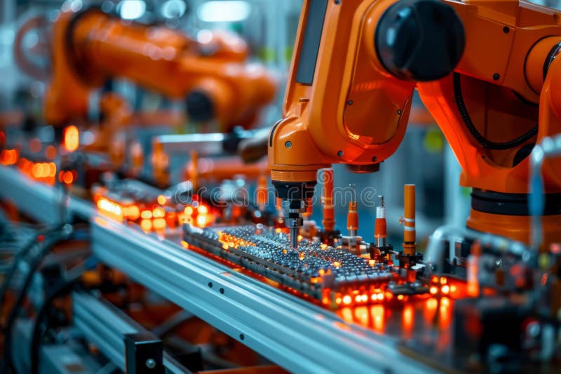 Robotic Arm in High-Tech Manufacturing Line Assembling Electronics royalty free stock image