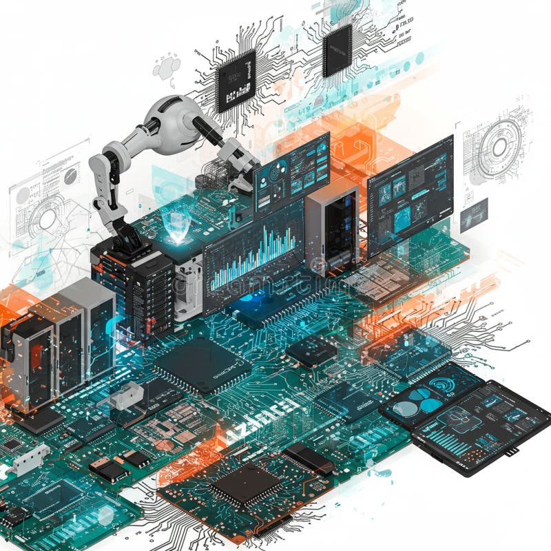 A robotic arm interacts with a complex circuit board design. The scene includes vector illustration
