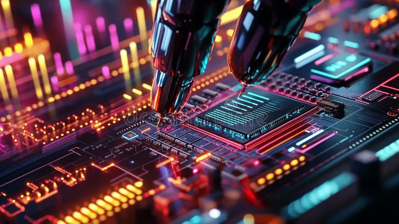 Robotic arm working on futuristic circuit board with neon lights vector illustration