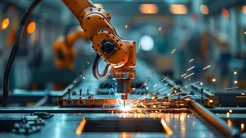 Robotic arm in manufacturing facility controls welding lathe with realtime data. Concept stock illustration