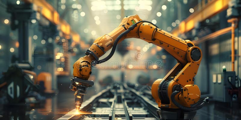Robotic arm in manufacturing plant welds with precision using an overlay HUD interface for stock illustration
