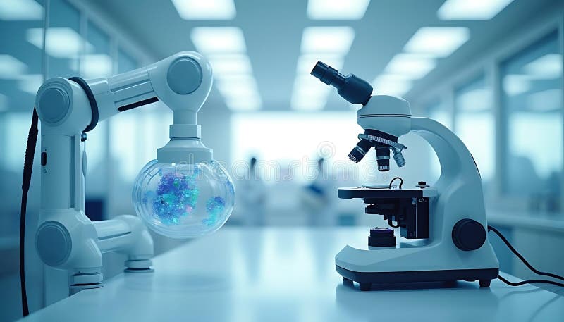 Robotic Arm and Microscope in a Modern Laboratory: The Future of Scientific Research. A robotic arm holds a sample near a microscope in a sterile laboratory setting. This image represents advanced scientific research