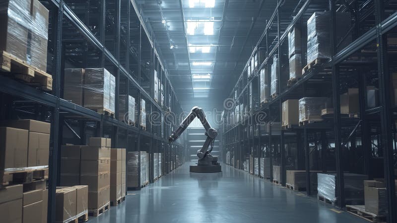 Robotic Arm Navigating a Spacious Modern Warehouse Stock Illustration ...