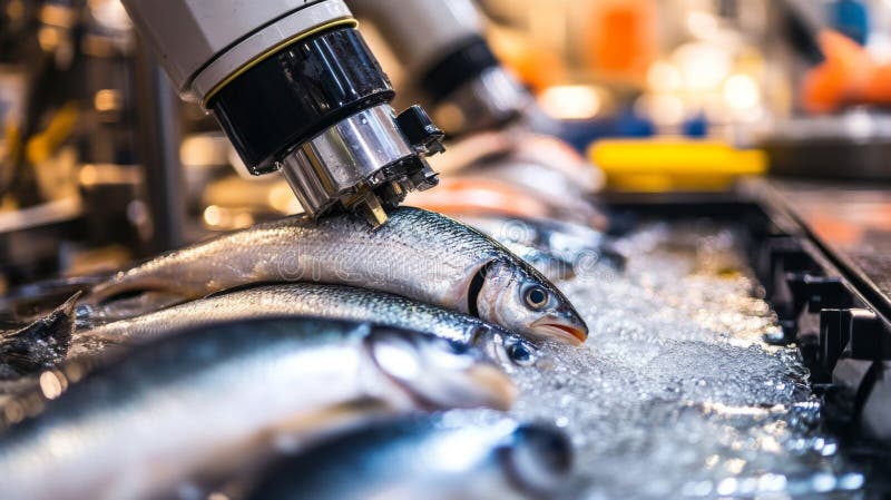 Robotic Arm Sorting Fresh Fish on Ice vector illustration