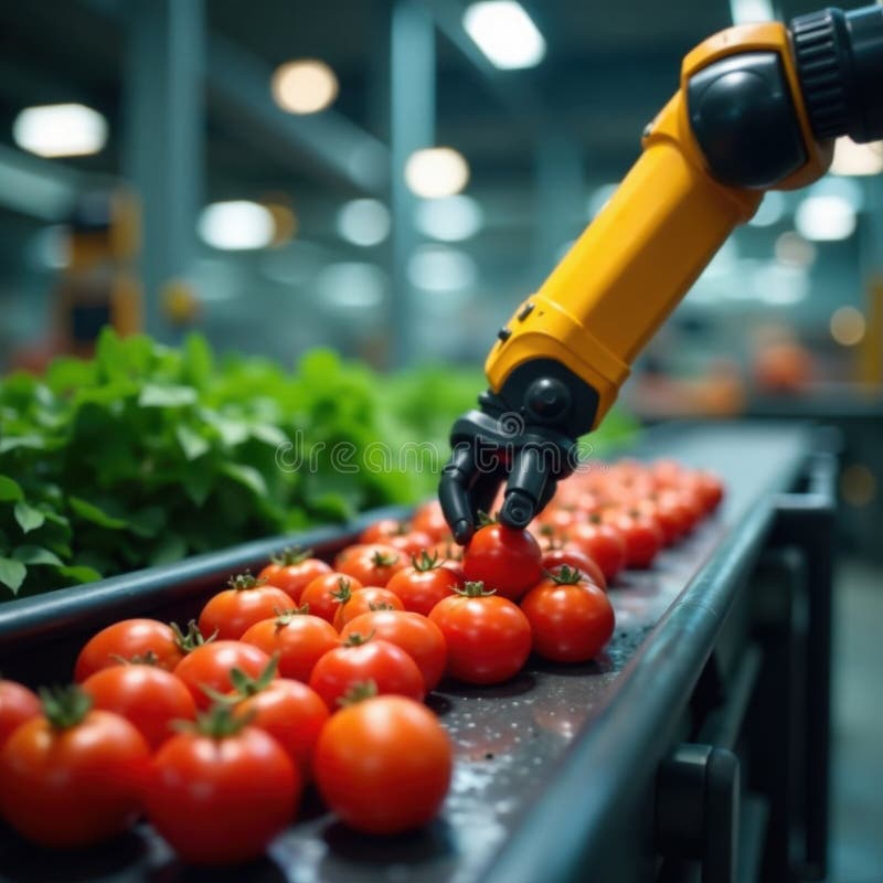 Robotic arm sorting tomatoes on conveyor belt , produce, conveyor belt, food processing vector illustration