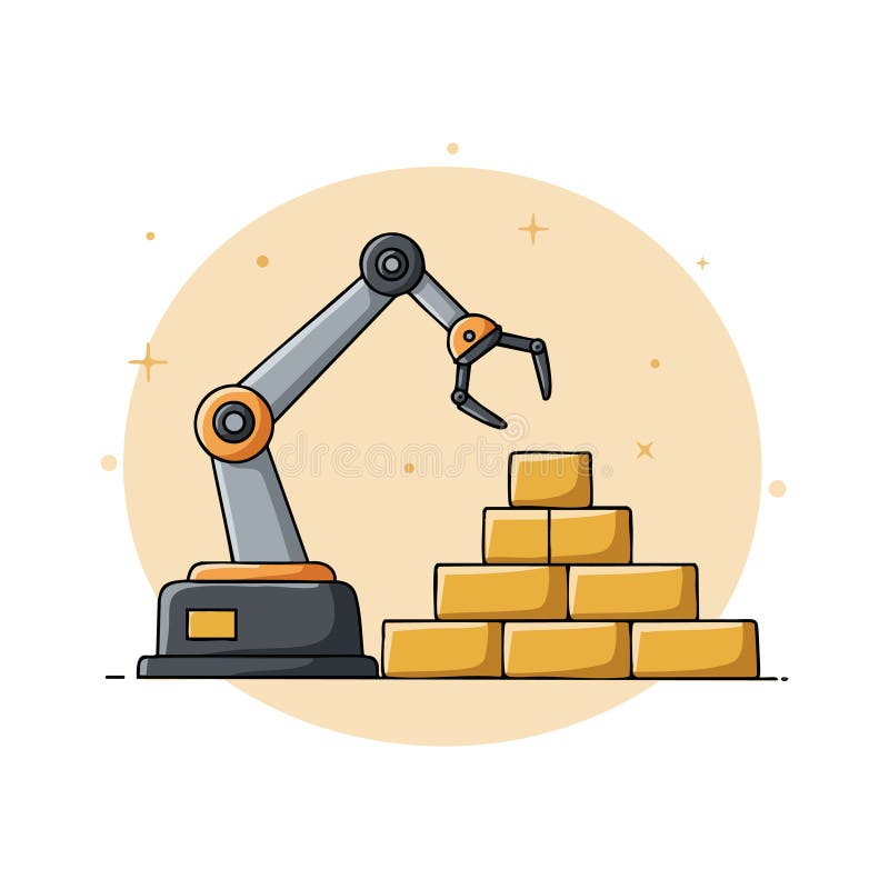 Robotic arm stacking boxes automation technology illustration with orange and gray colors stock illustration