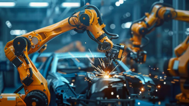 Robotic Arm Welding Car Body in Factory royalty free stock image