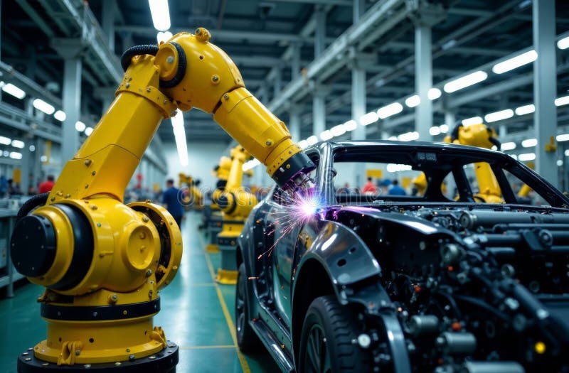 Robotic arm welding components of a car in a modern automotive factory stock image
