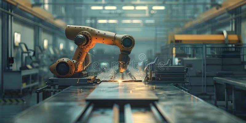 Robotic arm welding on factory floor with augmented reality (HUD) system for coordination. Concept stock illustration