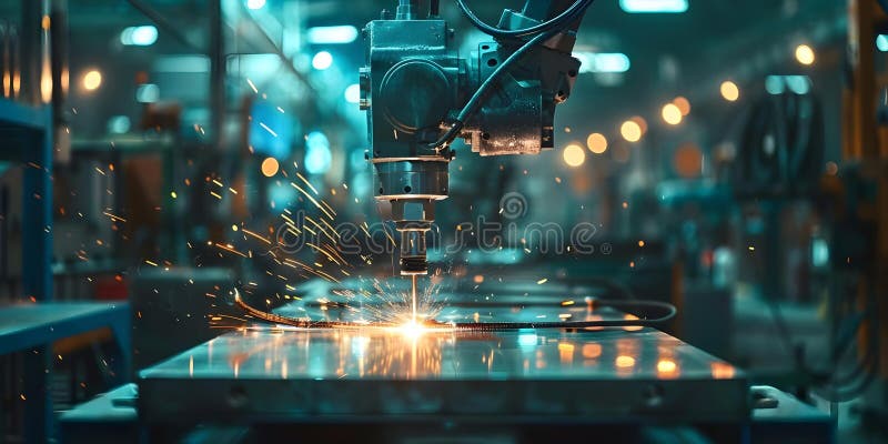 Robotic arm welding on factory floor with overlay HUD system for coordination. Concept Robotic Arm vector illustration
