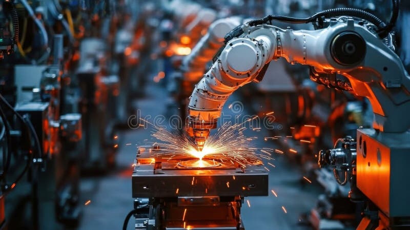 Robotic arm welding in an industrial manufacturing environment with sparks flying stock images