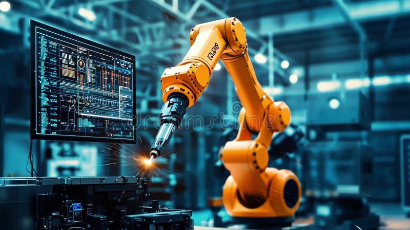 Robotic arm working with computer screen displaying data in factory setting vector illustration