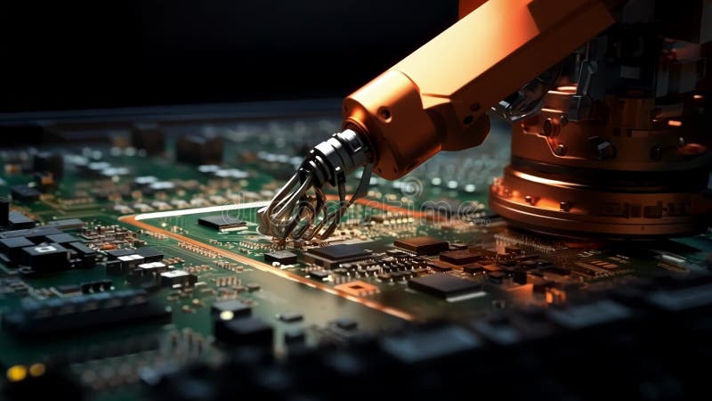 Robotic arm working on a green computer motherboard stock illustration