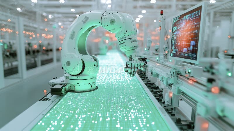 Robotic arm working on illuminated assembly line stock illustration