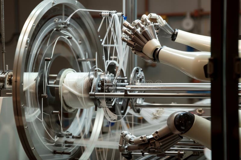 A robotic arm with multiple finely articulated fingers delicately handling a complex circuit board, performing a precision soldering task in a brightly lit, sterile laboratory setting.