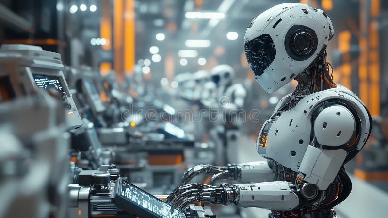 Robotic arms assemble intricate devices in a high-tech factory environment royalty free stock photos