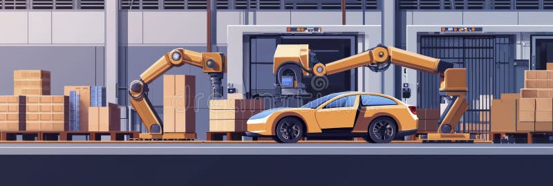 Robotic arms in assembly line building a modern car vector illustration