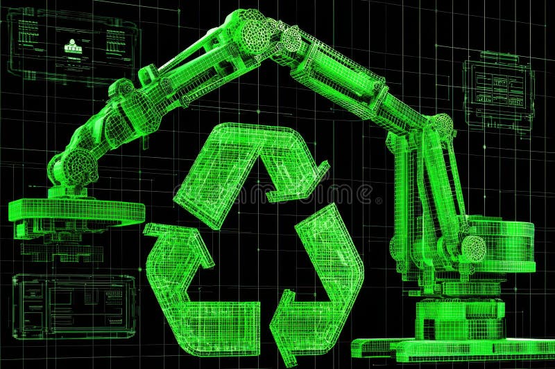 Robotic Arms Assembly Recycle Symbol z Wireframe Design in Green Color Scheme (Konstrukcja szkieletowa w kolorze zielonym) zdjęcie royalty free