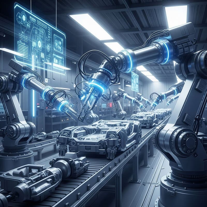 Robotic arms equipped with glowing blue elements are assembling components on a conveyor belt in a high tech factory setting the royalty-vrije illustratie