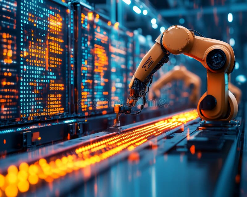Robotic arms with glowing digital data streams and industrial lights are key components of this automated manufacturing. Industrial lights stock images, royalty-free photos and pictures