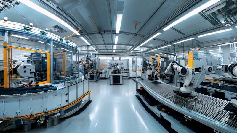 Robotic arms working in innovative modern factory royalty free illustration